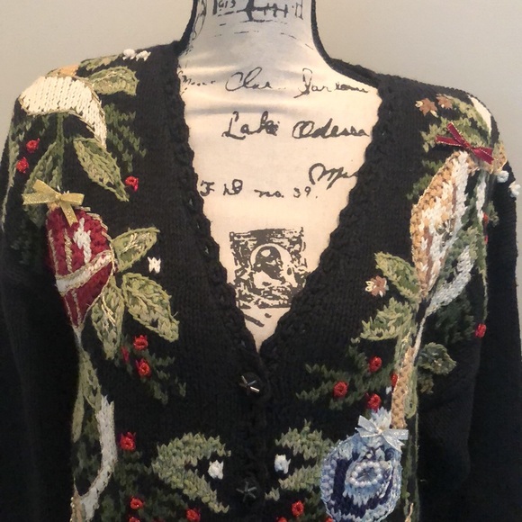 Vintage Tiara Knit Holiday Cardigan Sweater Button Front Ribbon Beads Large L - Picture 3 of 16